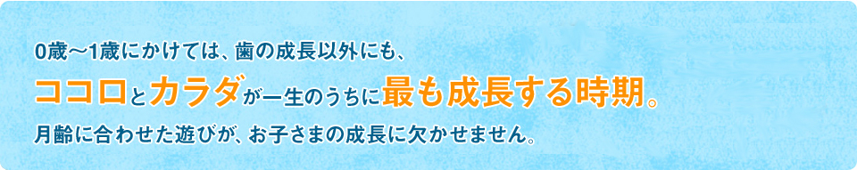 0歳～1歳にかけては、歯の成長以外にも、ココロとカラダが一生のうちに最も成長する時期。月齢に合わせた遊びが、お子さまの成長に欠かせません。